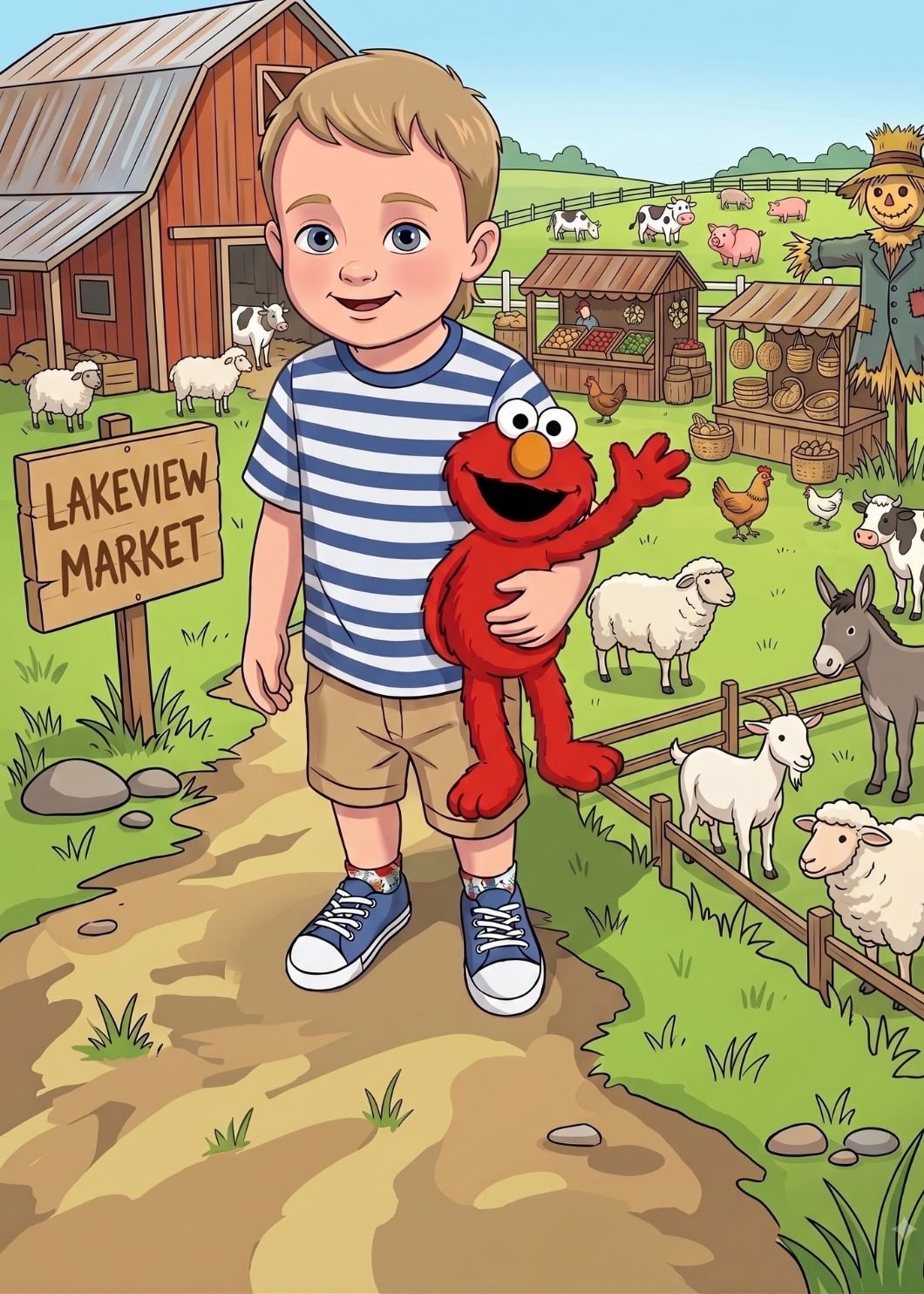 Jaxon at the farm with his favorite red pal